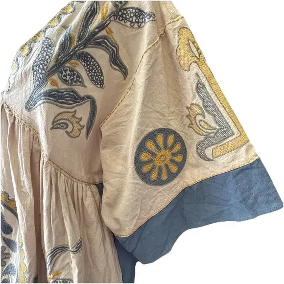 NEW Blue Velvet Embroidered Boho Babydoll Dress Women Size S/M Floral Beach - Picture 6 of 9